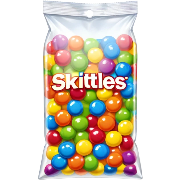 A Skittles candy package completely wrapped in clear packing tape, shiny reflective surface, rainbow colored bag under tape emoji