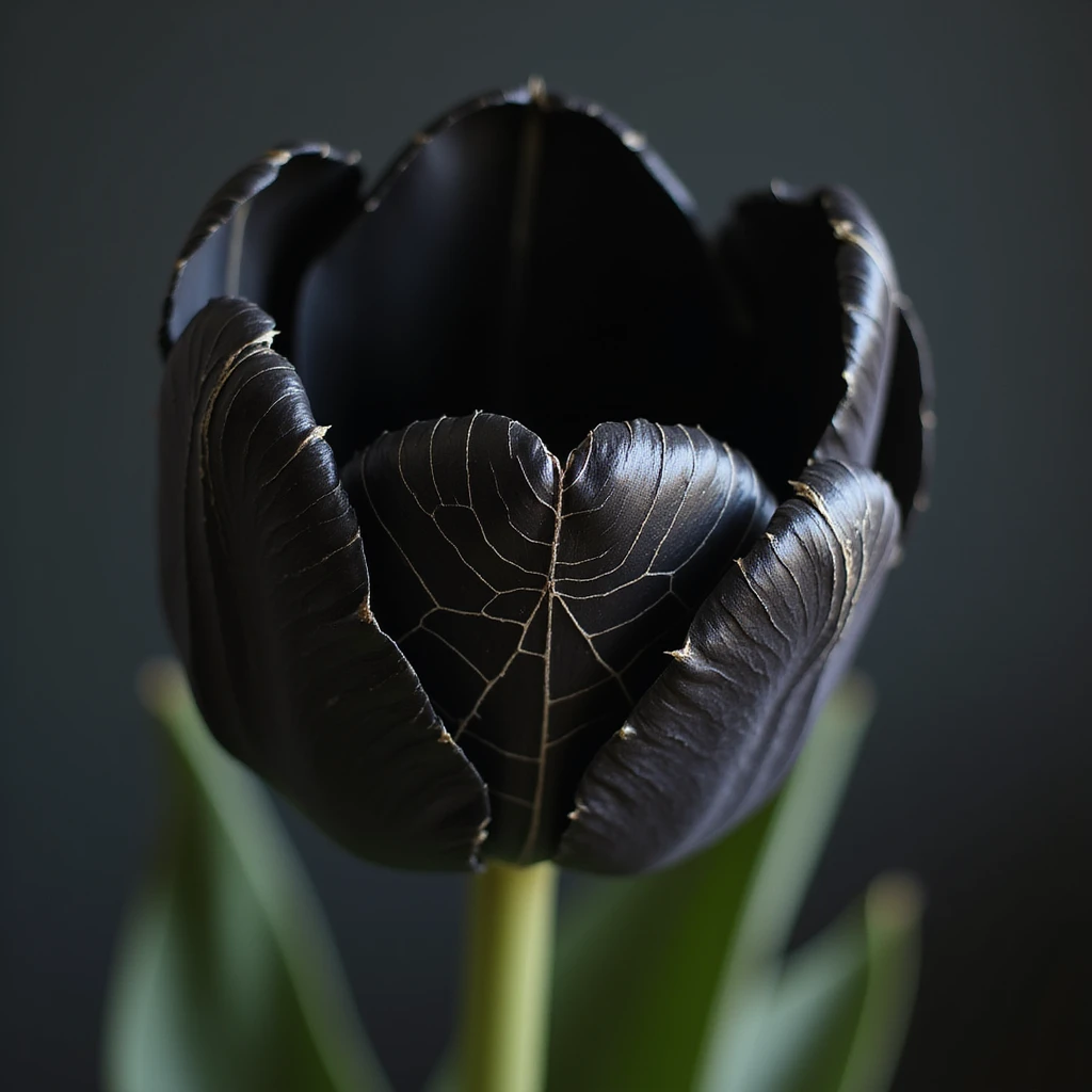 realistic goth tulip with black petals and spiderweb details, photorealistic style emoji