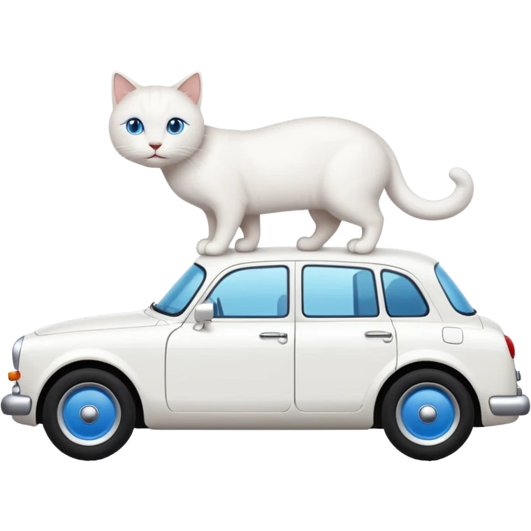 Please create a small emoji the size of 🚗 featuring a pure white cat with blue eyes on a white saloon car viewed from side. Again it is necessary that the emoji must be extremely small, much smaller than a standard sized sticker. emoji