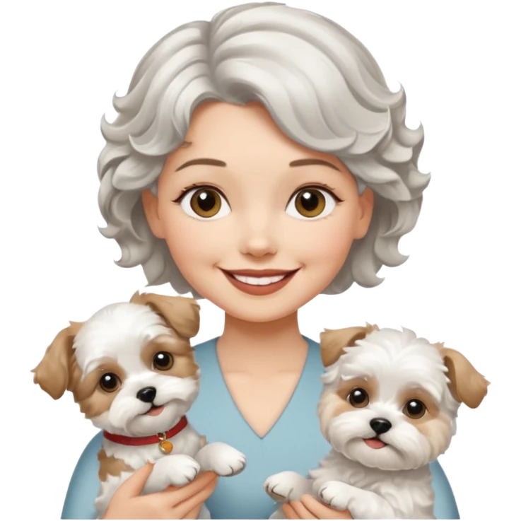 silver, short, wavy-haired with loose curls, smiling pretty lady holding a white west highland terrier dog and a white and tan shih tzu dog emoji