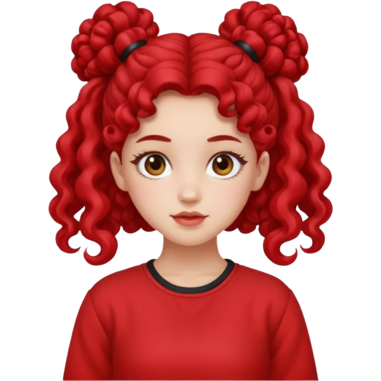 Give her long curly hair with two space buns up and red clothes emoji