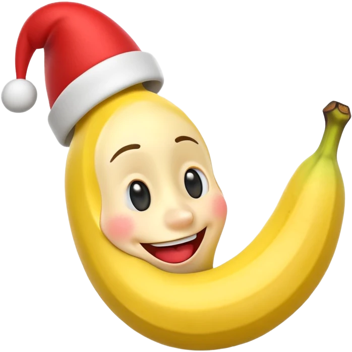 A 3D cartoon banana with a red nose and tiny hat, smiling face, playful pose, Memoji-style. emoji