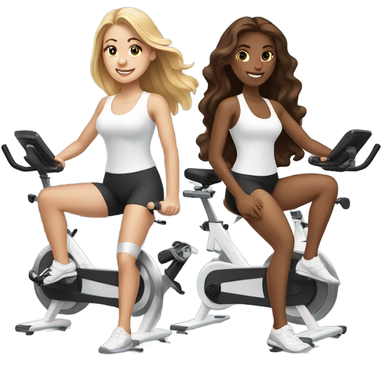 Two white skin girls with long brown hair at spin class emoji