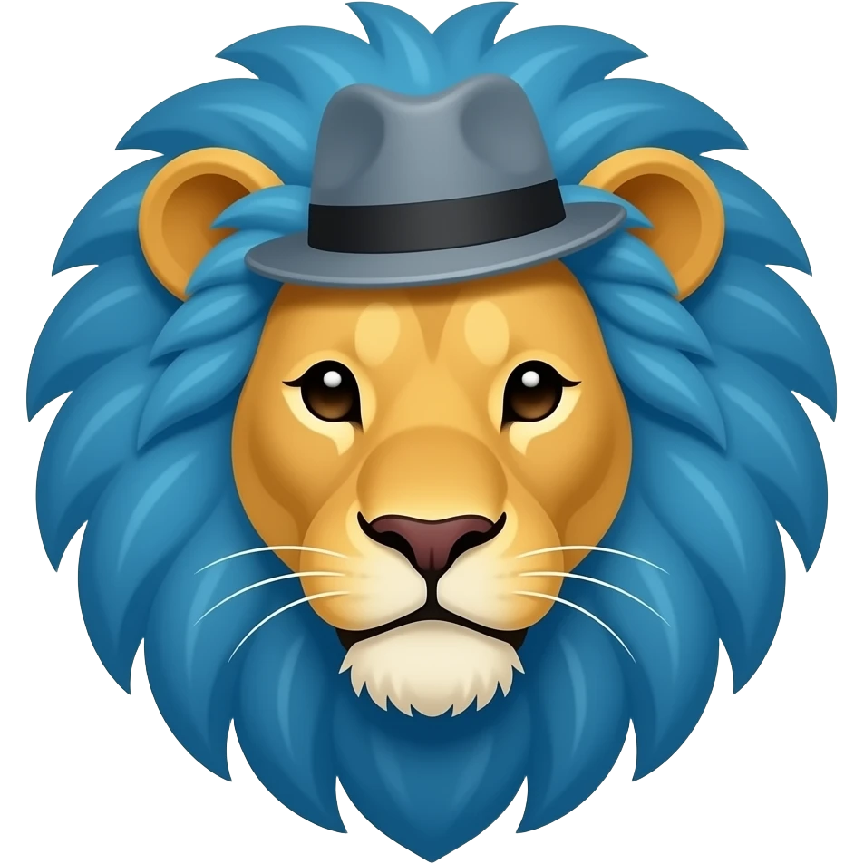lion face with blue curly mane and hat emoji