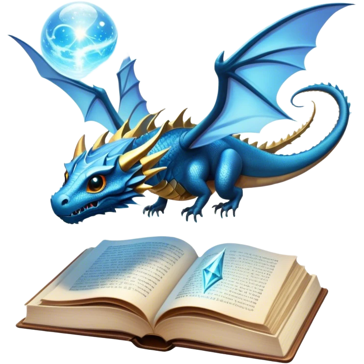 Icon for Fantasy and Sci-Fi Reading: an open book with magical creatures like dragons and fairies flying out, with a futuristic spaceship in the sky and a wizard casting spells. The icon should represent the magic and adventure of fantasy and science fiction worlds. Transparent background. emoji