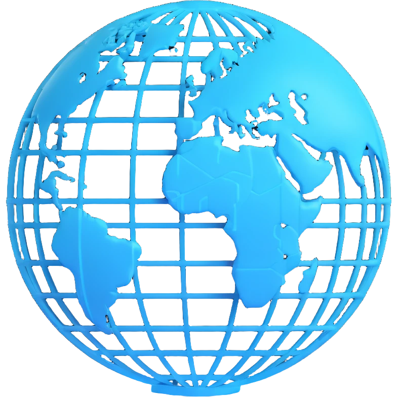 3D cyan globe icon with white land, modern style, with grid lines, glowing effect emoji