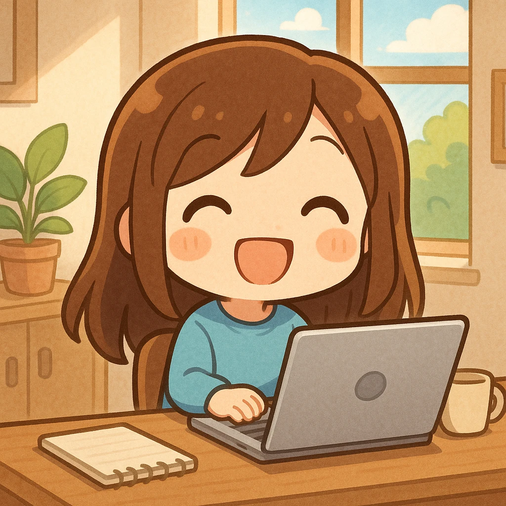 Add a laptop on the desk in front of the chibi character, maintaining the cheerful scene. emoji