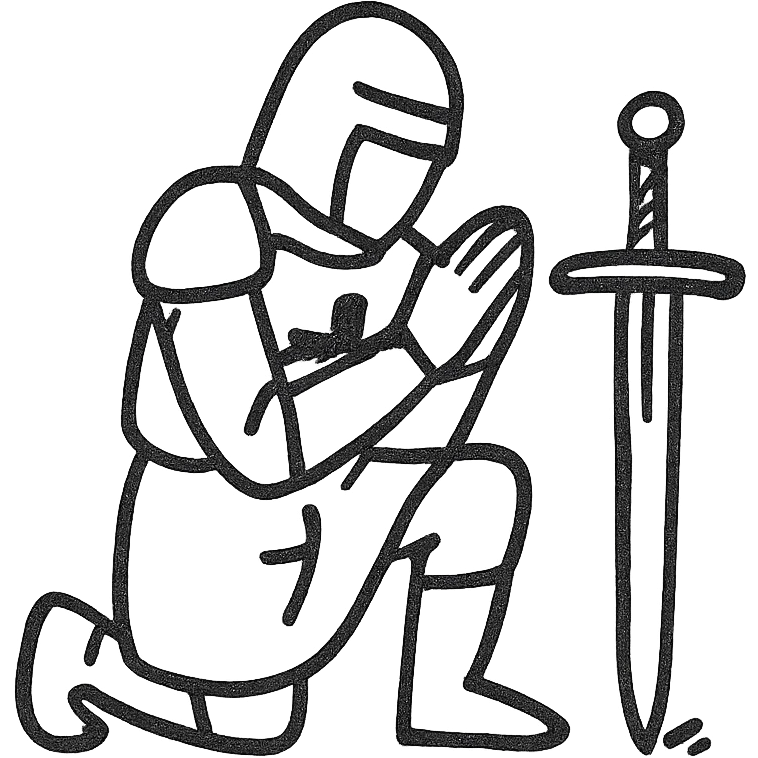 Christian knight kneeling in prayer, sword planted in the ground, hand drawn outline style emoji