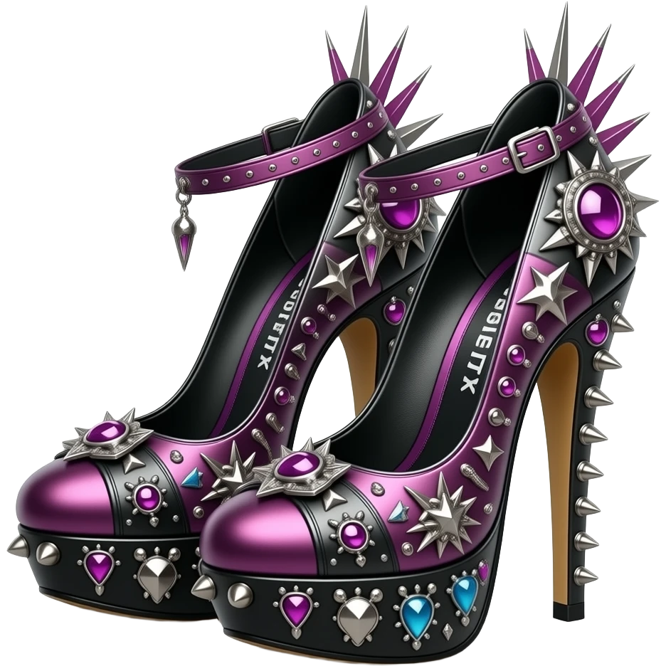Isolated 3d rendering Hyperrealistic highly detailed pair of 10 inch high heel stilettos, in a punk rock style, appearance and punk color scheme, with punk rock style detailed embellishments, 8k resolution. Must contain no emoji faces, no emoji icons  emoji