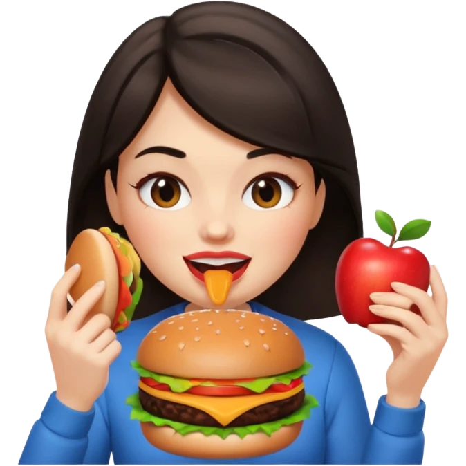a girl with dark hair eating a burger, apple memoji style, winking emoji