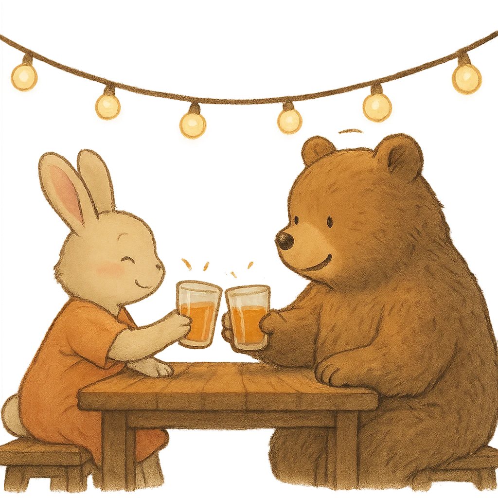 bunny and bear clinking juice cups under string lights, soft, warm, detailed, ghibli style emoji