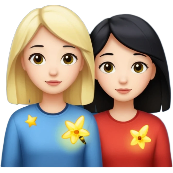 Dos mejores amigas, una rubia y la otra de pelo negro con una luciérnaga y estrellas emoji