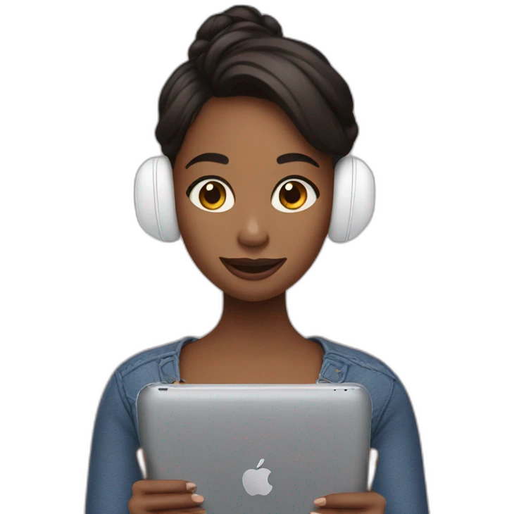 a girl holding an ipad and airpods in her ears. emoji