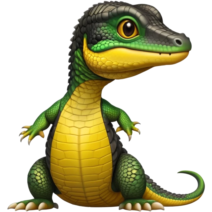 cinematic-realistic-cute-monitor-lizard-portrait-emoji,-head-tilted-playfully-and-inquisitively,-featuring-a-compact,-agile-body-with-finely-detailed,-glossy-scales-in-earthy-black and yellow-hues-and-a-distinct,-alert-face-with-bright,-curious-eyes, black , yellow spotted and green band  scales and a big long neck emoji