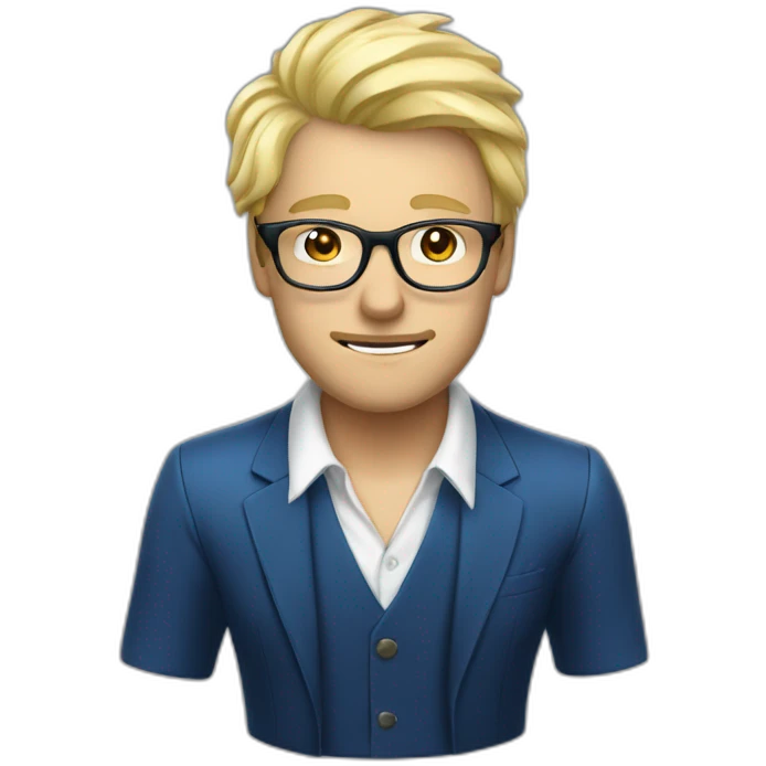 Homme en smoking bleu chemise blanche cheveux blond et lunettes emoji