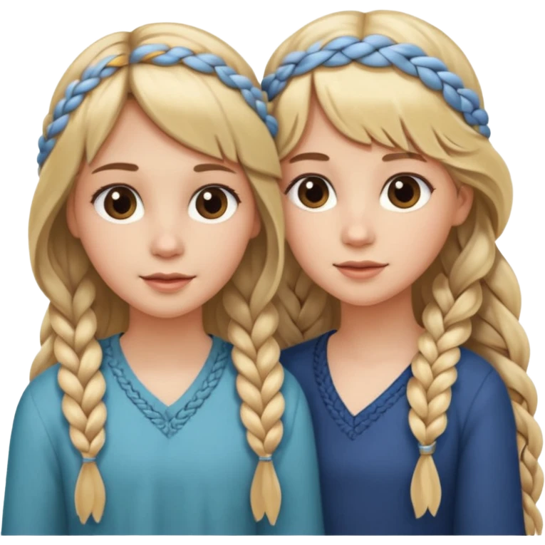 Sister with bangs and long wavy flowing blonde hair and her sister with long brown hair  braided to one side.  Close loving sisters💛 emoji