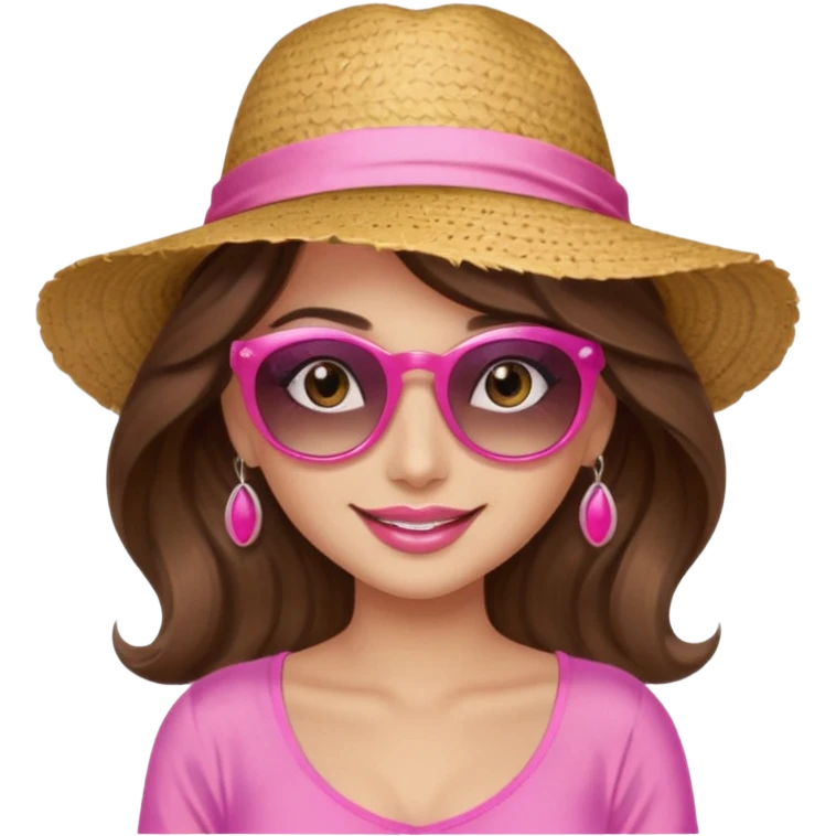 girl with long wavy brown hair, brown eyes, long lashes makeup, sexy pink lips, smiling, light to medium complexion, wearing a pink sexy silk top, relaxing in a beach chair  emoji