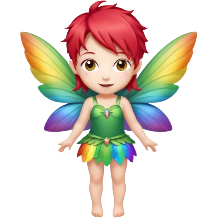fairy with red hair, rainbow wings, happy, chibi full body emoji