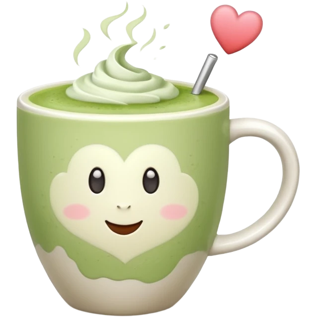 White ceramic mug of matcha latte with heart froth, pastel pink background emoji