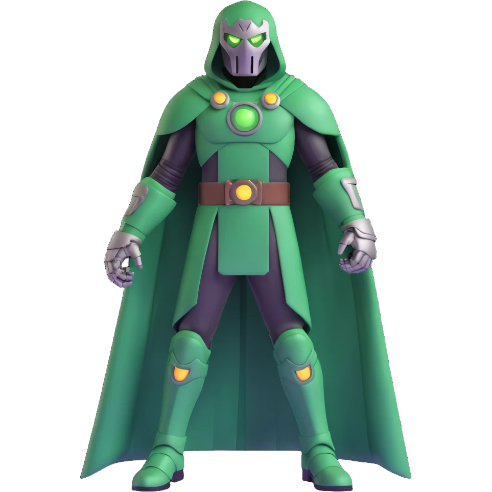 Doctor Doom standing tall with glowing green eyes behind his metal mask, full body view emoji