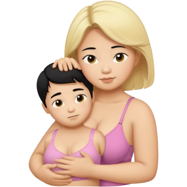 chubby asian woman round eyebrow medium black hair wear a bra.  She is hugging her blonde haired son emoji