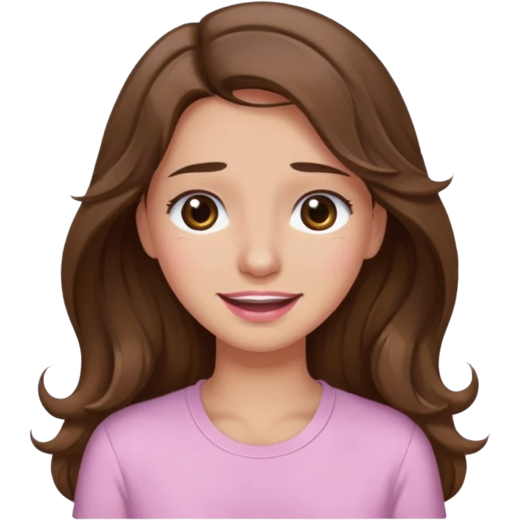 girl with wavy long brown hair, brown eyes, light to medium complexion, long lashes, light pink lipstick, wearing light pink shirt, smiling, crying  emoji