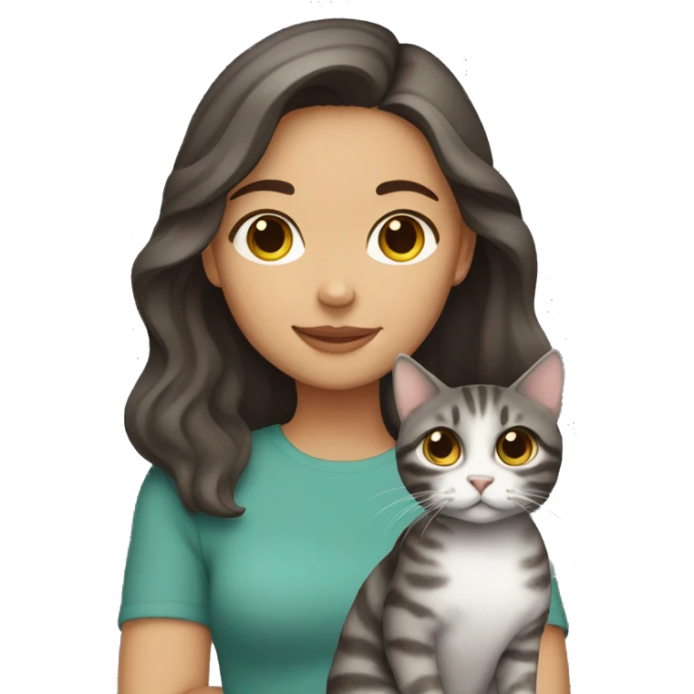 Dark brown haired girl holding gray tabby cat emoji