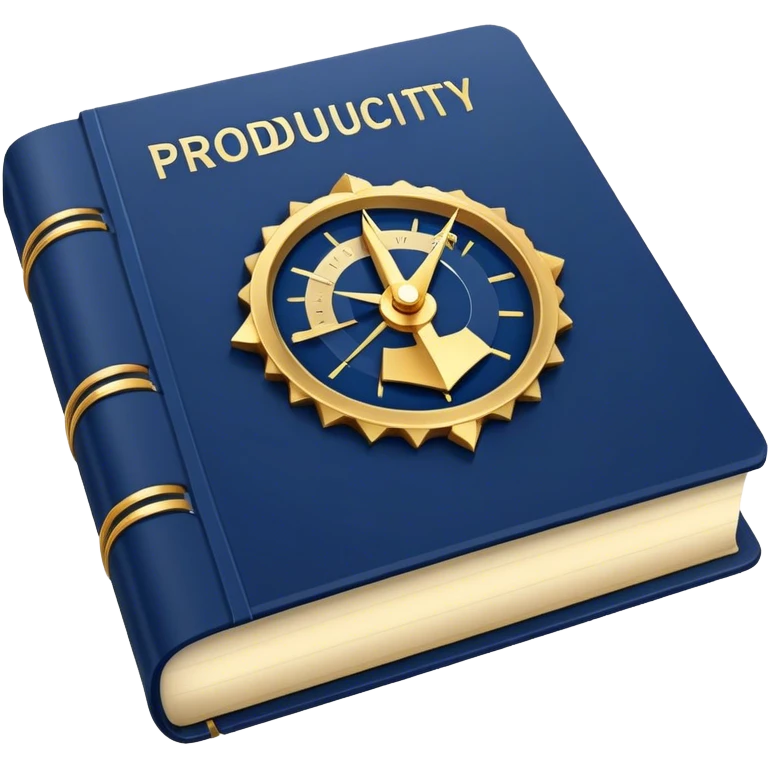 A navy blue productivity book with gold details, chart with upward trend on the cover, radiating productivity, strategy, and success in motion- emoji