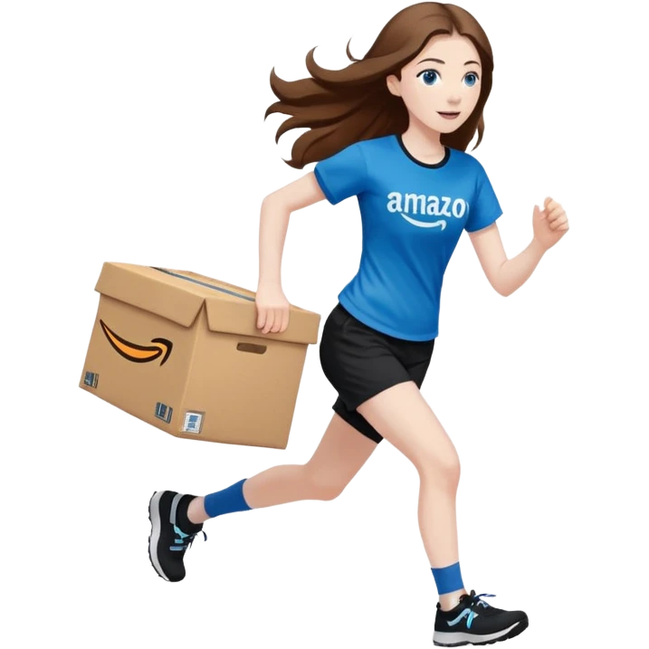 full length of a young woman with pale skin, long brown hair, and blue eyes. She is wearing an Amazon logo shirt with long black shorts. She is running outside carrying an Amazon box emoji