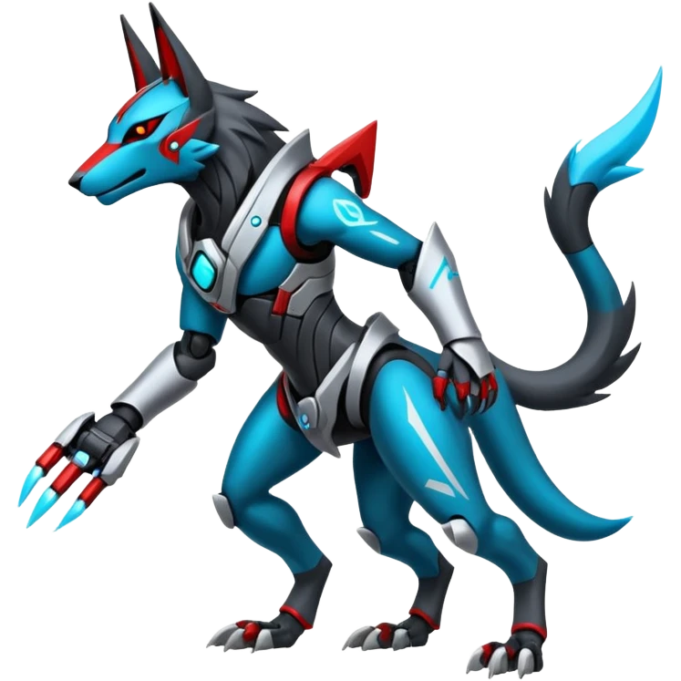 White and blue and cyan and red cyberpunk intricate neon glowing grey white futuristic cyborg-Anubis-Zeraora-Zoroark-fusion (full body) emoji