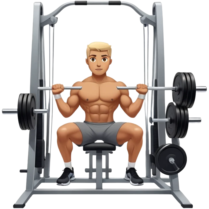A focused athlete working out on a strength training machine in a modern gym. Muscles engaged, expression determined, demonstrating power and endurance. The gym is filled with equipment like dumbbells, barbells, and mirrors reflecting effort, creating a high-energy atmosphere. emoji