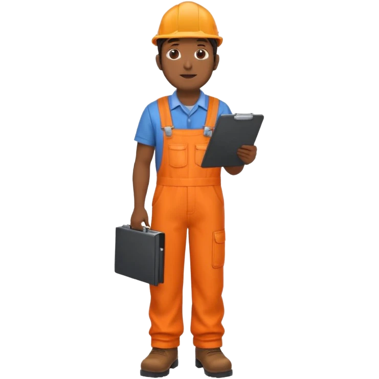 Indian male railway engineer orange overalls, boots holding a clipboard view from rear emoji