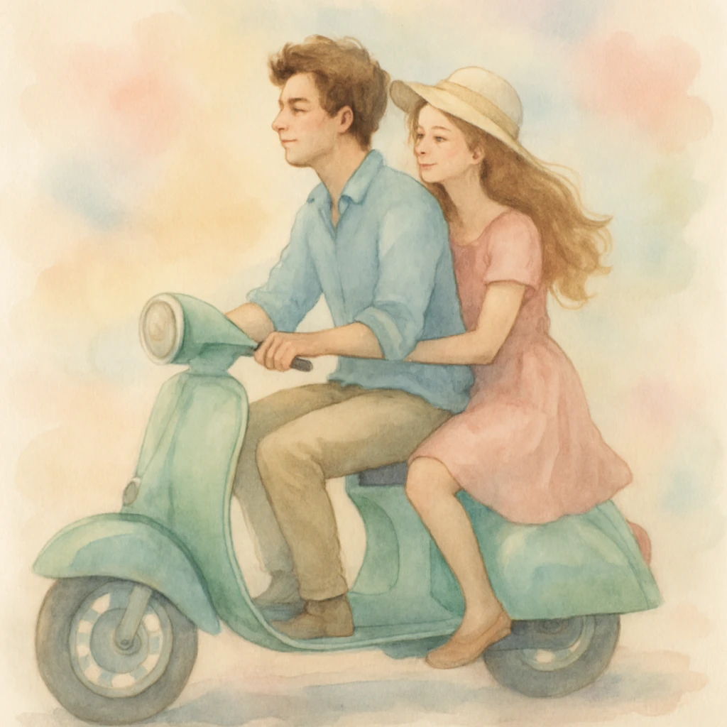 watercolour style, couple on a vintage scooter, pastel background, gentle brushstrokes emoji
