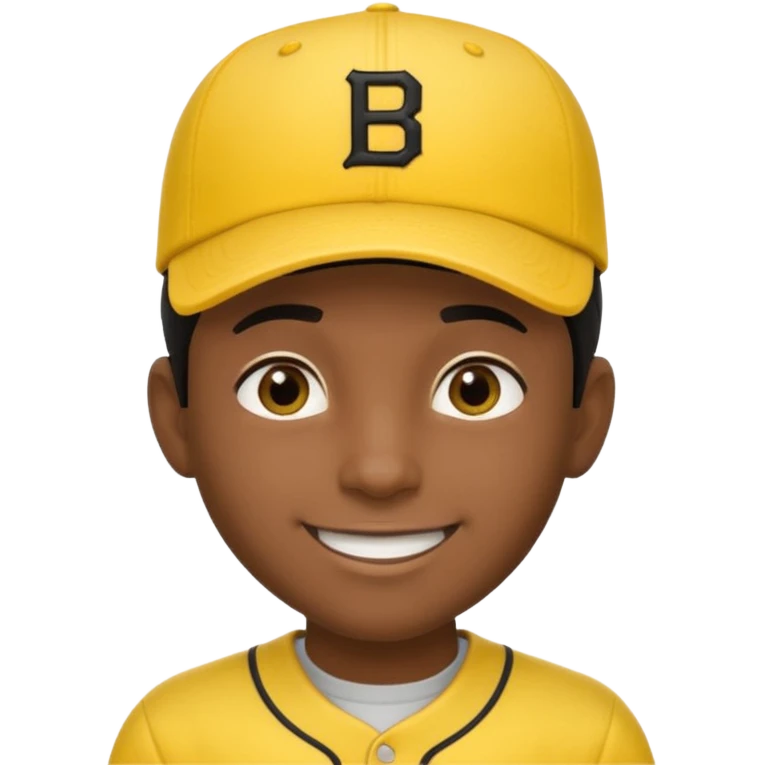 A man with dark skin tone, wearing a bright yellow baseball cap, short black hair mostly covered by the cap, large brown eyes, and a wide smile. emoji