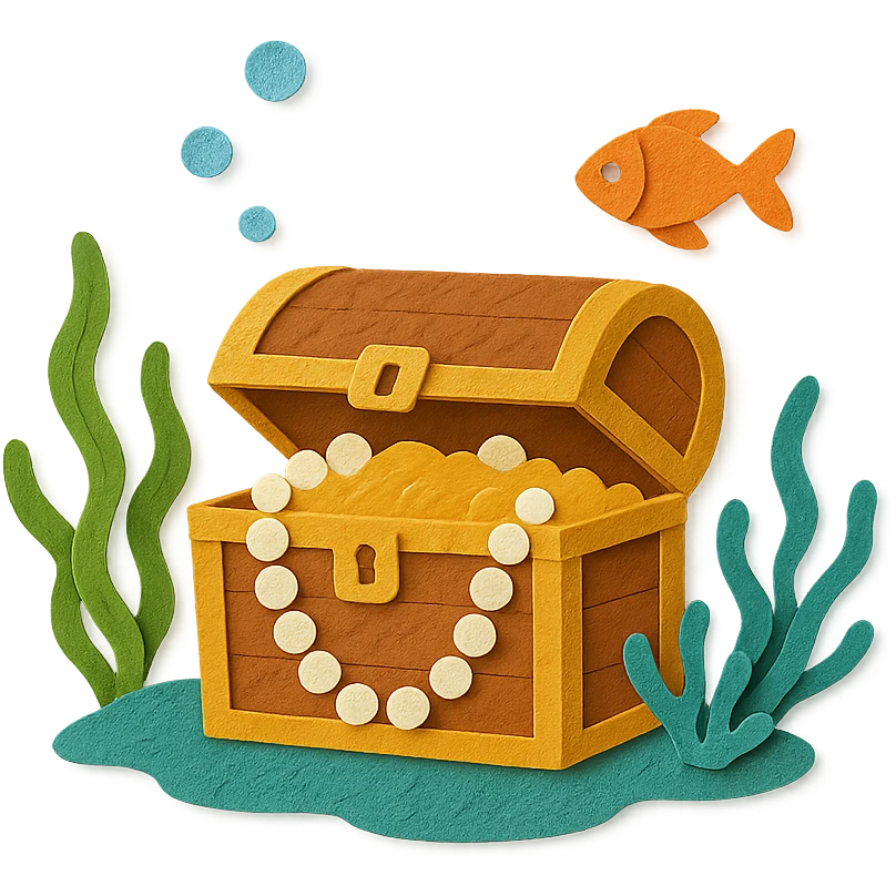 treasure chest underwater with pearls, seaweed, and fish, layered paper effect in paper-craft style emoji