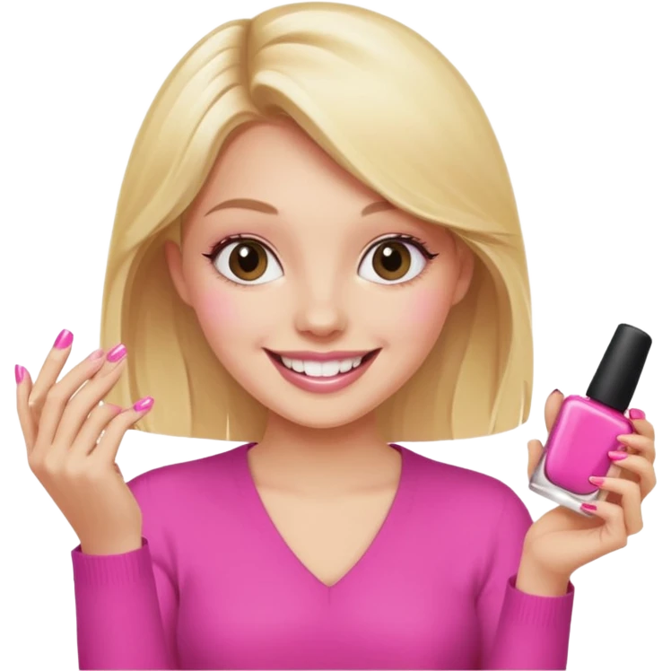 A happy blonde girl in pink holds nail polishes in her hand emoji