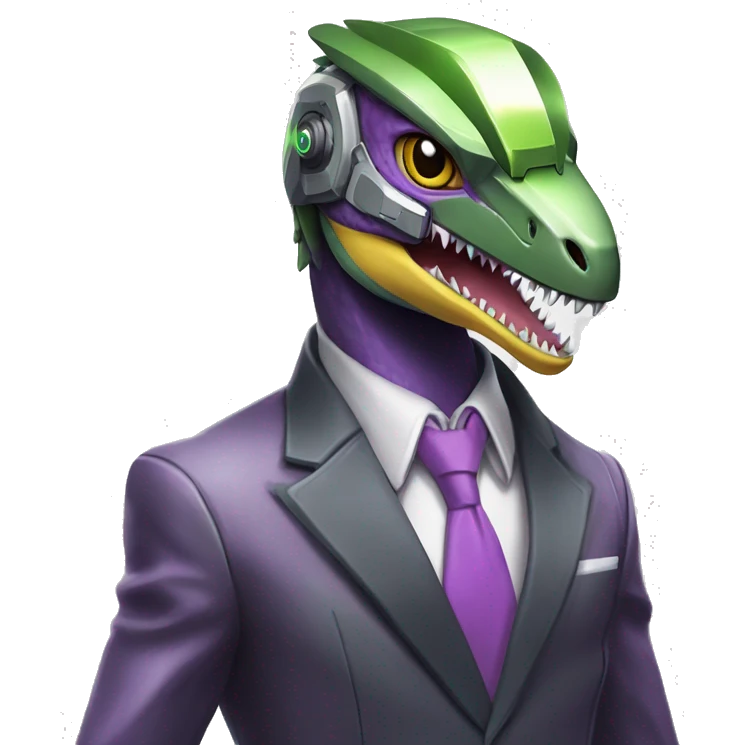 Shiny Edgy Velociraptor-Genesect-Fakémon-Pokémon wearing a with a futuristic cyber-helmet And suit Full Body emoji