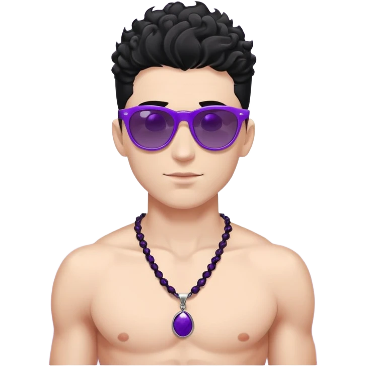 shirtless male athlete with white skin and moderately curly black hair on top with shaved sides, wearing purple sunglasses with black tinted lenses and a shiny black necklace emoji