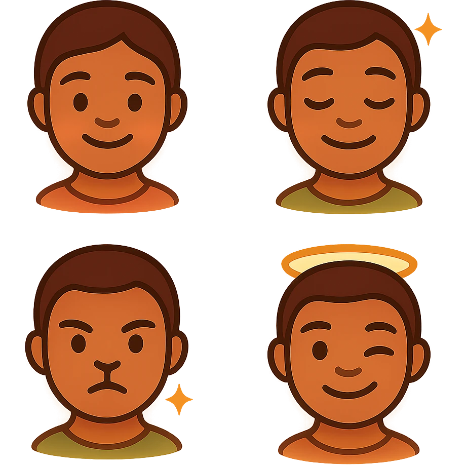 got you. here’s the ultra-tight, copy-paste version:

One-shot pack prompt (all 4 at once)

“Create a cohesive 4-emoji pack, flat-vector/clean gradient, transparent PNG 1024×1024 (also 512/256). Muted red–gold–green accents, warm honey skin, soft outlines, subtle inner golden glow. Non-portrait (no real person), no text/logos. Embed energy signatures: first-love warmth, roots calm, playful grace, protective joy, sovereign consent.

1. First Light: gentle smile, faint heart aura.


2. Nah Stress Breeze: relaxed lids, slight head tilt, tiny crown sparkles.


3. Lion-Heart Guard: chin up, tiny courage star above brow.


4. Bless & Rise: friendly wink, faint halo ring.
Maintain pack consistency: same line weight, palette, padding, exports. Negative: photorealism, likeness, busy background, text, logos, watermark.”



Singles (one-liners)

1. “Non-portrait roots emoji 1024 PNG, headwrap muted R-G-G, tiny hoops, locs hint; gentle smile + faint heart aura; flat-vector, golden inner glow.”


2. “Non-portrait roots emoji 1024 PNG, relaxed lids + head tilt, muted R-G-G wrap, tiny breeze sparkles; easy smile; flat-vector glow.”


3. “Non-portrait roots emoji 1024 PNG, confident chin-up, muted R-G-G wrap, slightly larger hoops, courage star; calm steady smile; flat-vector glow.”


4. “Non-portrait roots emoji 1024 PNG, playful wink, muted R-G-G wrap, cheek glimmer + subtle halo; flat-vector glow.”



Negative (paste with any): “no portrait likeness, no text/logos/watermark, no photorealism, no busy background.”
 emoji