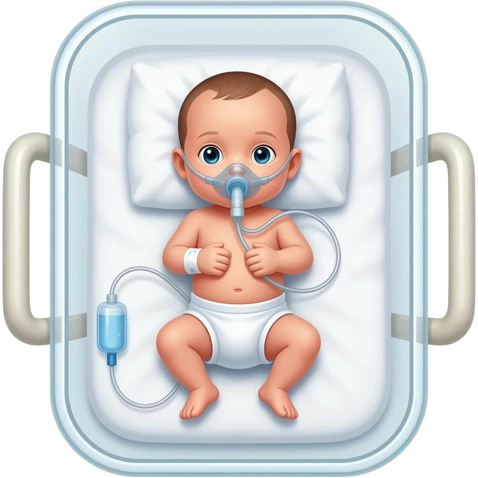 A NEONATAL BABY IN BIG BASSINET WITH VENTILATOR HAVING AN IV LINE IN HAND. emoji