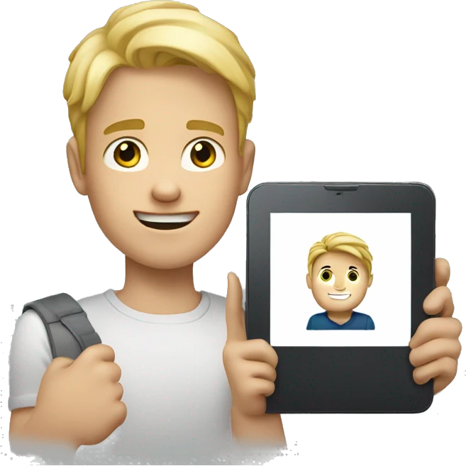 Draw a boy with a tablet computer in his hand. The boy should be blond and handsome.  emoji