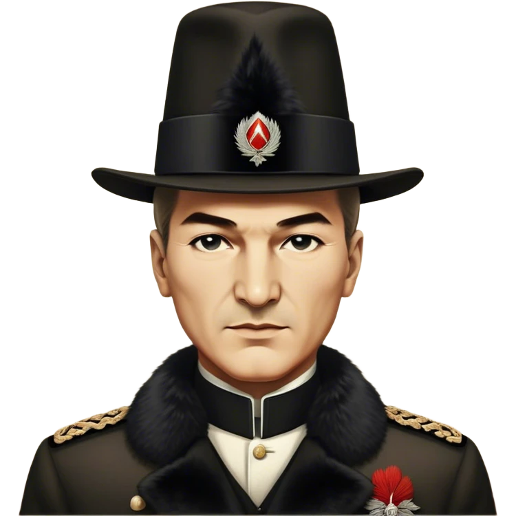 ​Cinematic Realistic Portrait of a Young Mustafa Kemal Atatürk, depicted wearing an iconic tall black fur hat along with traditional attire, his confident, visionary expression illuminated by warm, inspiring lighting, rendered with rich historical textures that capture his youthful dynamism and transformative leadership, emoji