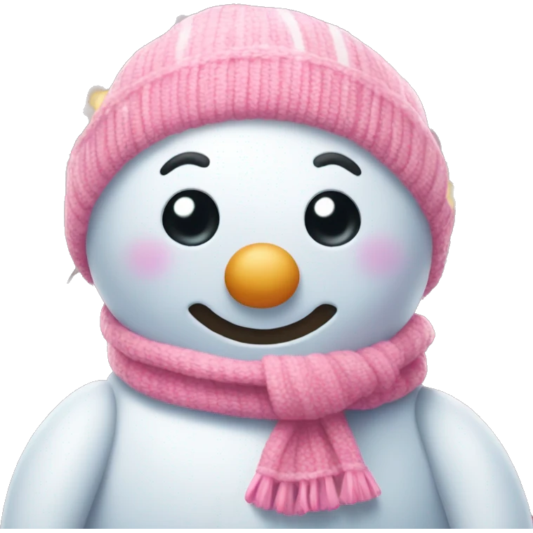 A pink snowman with a cute scarf and fairy lights around it emoji