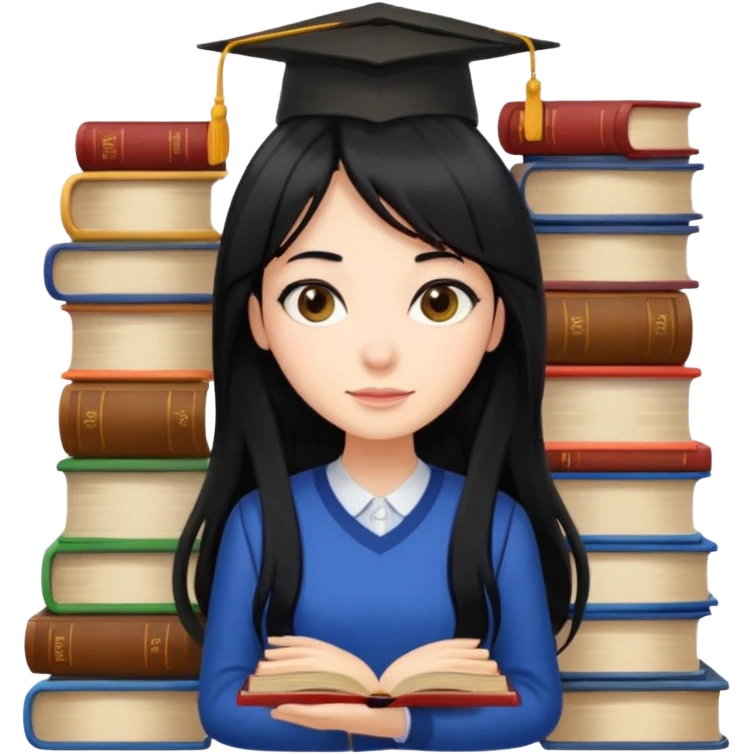 lecture girl with fringe long black color hair with lots of books emoji