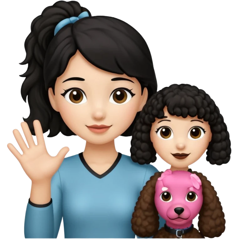 Ponytail black hair girl with brown Poodle say goodbye  emoji