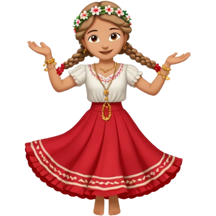smiling barefoot Paraguayan woman dancing in a red wide skirt, flower headpiece, braids, white blouse, golden rosary emoji