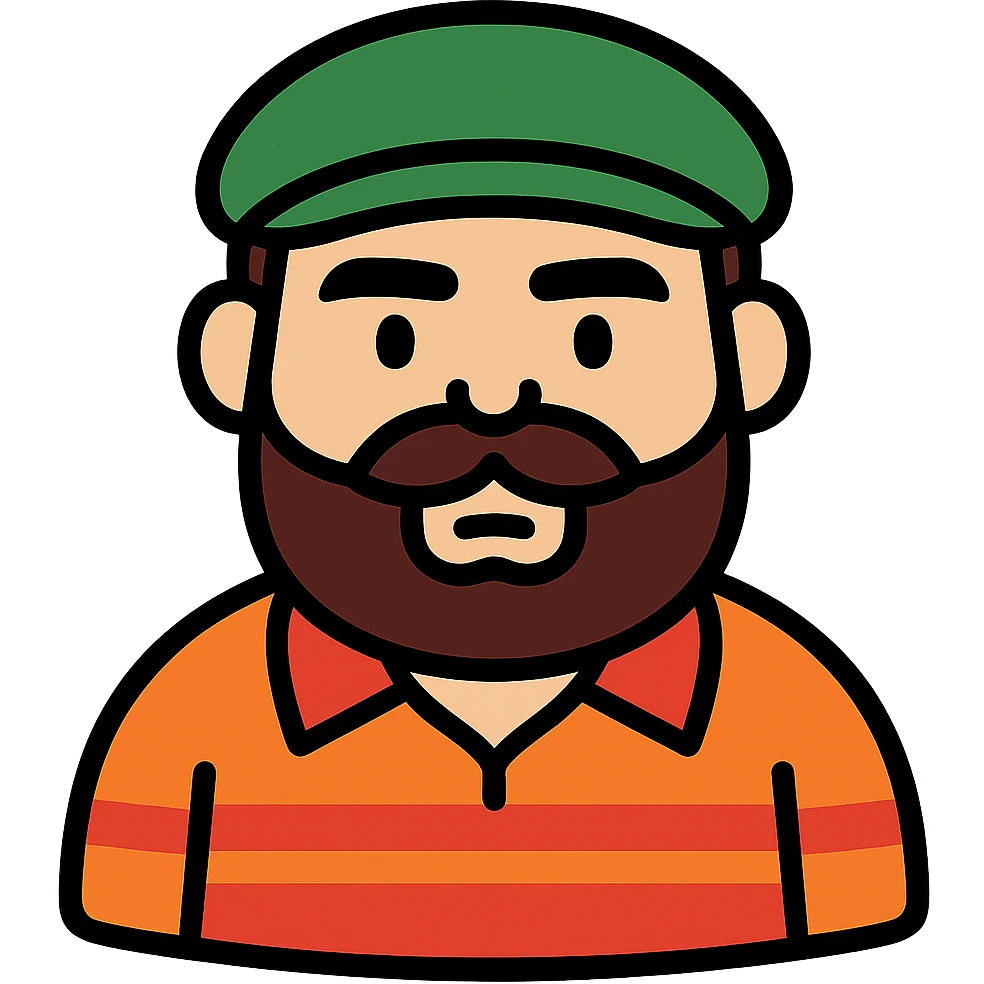 Make the character resemble the man in the reference photo more closely, focusing on facial features, eyebrows, beard and mustache shape, hat, and shirt details. Use a modern icon style. emoji