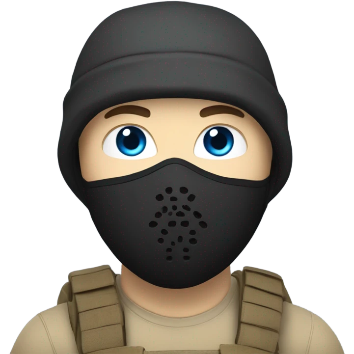 White male, face mask, tan tactical gear, combat boots, gun, black beanie, blue eyes emoji