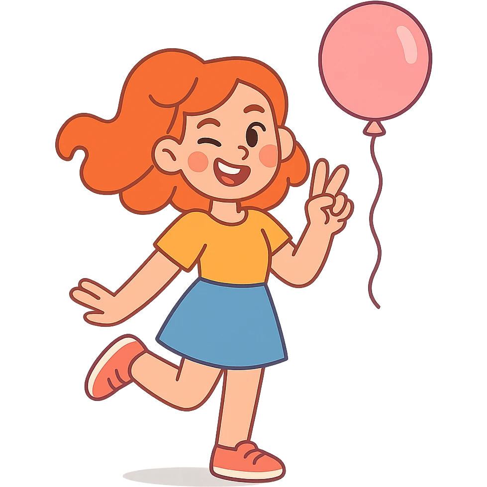 red-haired girl in a playful pose, winking and holding a balloon emoji