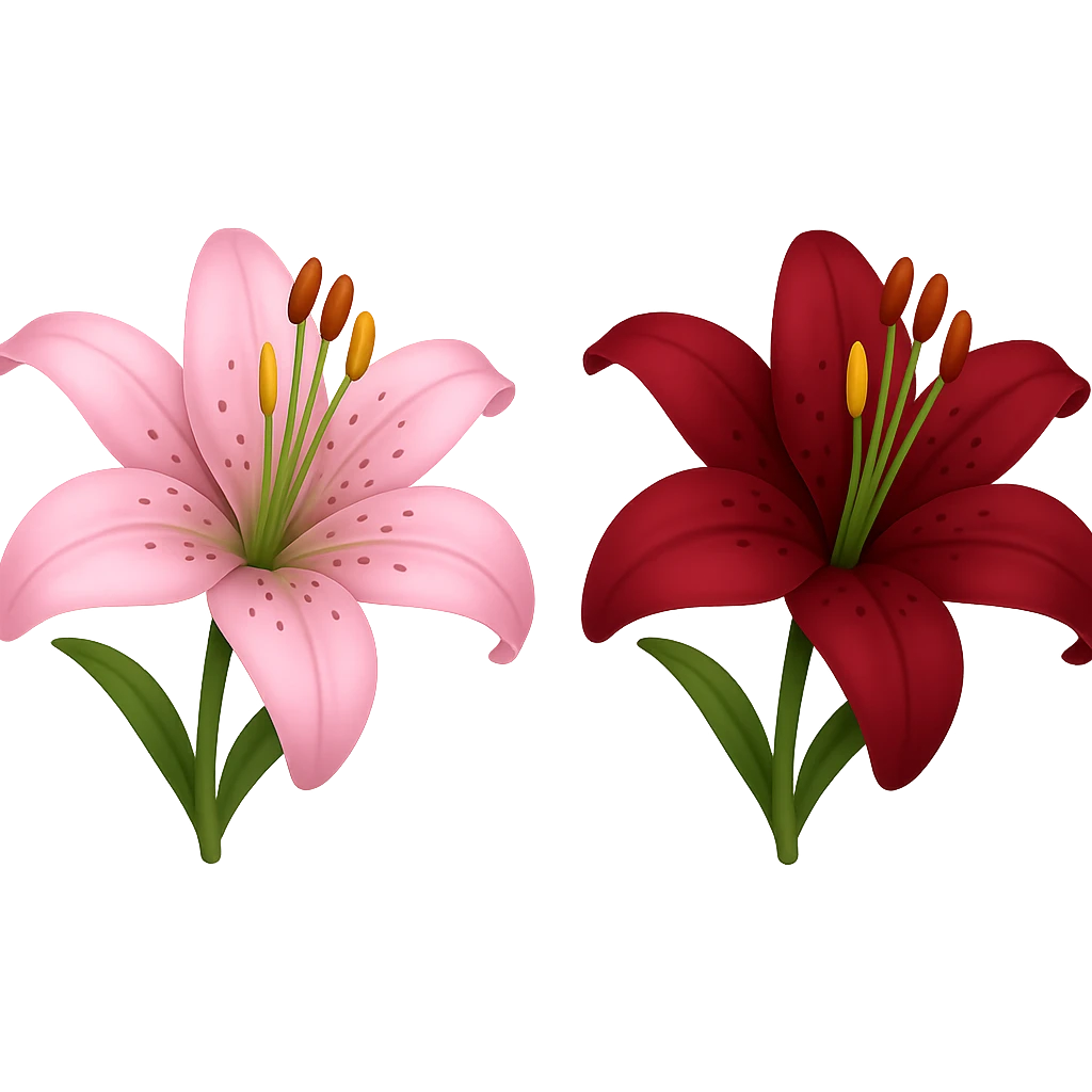 Create two versions of a lily flower: one pink and one maroon, in the style of apple emojis. The style is emoji-like with no background. emoji